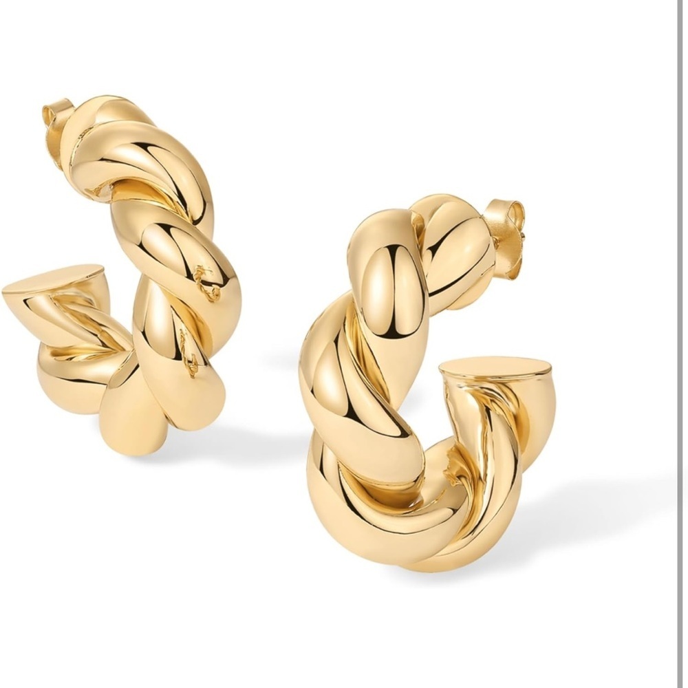 New! 14K Gold Plated Chunky Twisted Puffed Rope Hoop Earrings Gold Earring Pair
